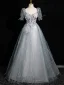 Bling Bling Sky Blue Sequins Appliques Prom Dresses 2024 Ball Gown Square Neckline Short Sleeve Backless Floor-Length / Long Prom Formal Dresses