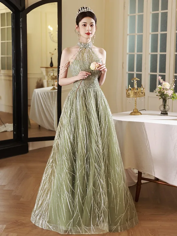 Charming Sage Green Beading Pearl Sequins Prom Dresses 2024 A-Line / Princess Halter Sleeveless Backless Floor-Length / Long Prom Formal Dresses