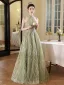 Charming Sage Green Beading Pearl Sequins Prom Dresses 2024 A-Line / Princess Halter Sleeveless Backless Floor-Length / Long Prom Formal Dresses
