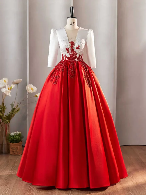 Vintage / Retro Red Sequins Lace Flower Satin Prom Dresses 2024 Ball Gown Scoop Neck 3/4 Sleeve Backless Floor-Length / Long Prom Formal Dresses