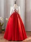 Vintage / Retro Red Sequins Lace Flower Satin Prom Dresses 2024 Ball Gown Scoop Neck 3/4 Sleeve Backless Floor-Length / Long Prom Formal Dresses