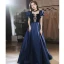 Elegant Navy Blue Satin Prom Dresses 2022 A-Line / Princess Square Neckline Puffy Short Sleeve Backless Floor-Length / Long Formal Dresses