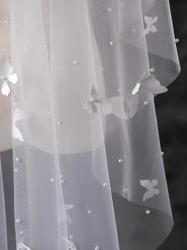 Charmant Blanche Fait main Perle Papillon Tulle Voile De Mariée 2025