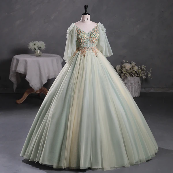 Elegant Sage Green Beading Appliques Prom Dresses 2023 V-Neck Short Sleeve Backless Floor-Length / Long Prom Formal Dresses