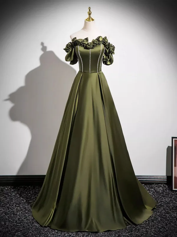 Vintage / Retro Dark Green Appliques Satin Prom Dresses 2025 Ball Gown Off-The-Shoulder Short Sleeve Backless Floor-Length / Long Formal Dresses