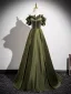 Vintage / Retro Dark Green Appliques Satin Prom Dresses 2025 Ball Gown Off-The-Shoulder Short Sleeve Backless Floor-Length / Long Formal Dresses