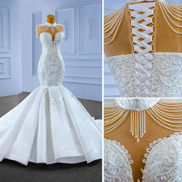 High-end White Trumpet / Mermaid Wedding Dresses 2022 High Neck Sleeveless Beading Rhinestone Tassel Pearl Lace Flower Chapel Train Wedding