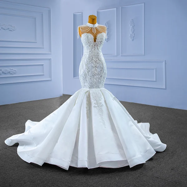 High-end White Trumpet / Mermaid Wedding Dresses 2022 High Neck Sleeveless Beading Rhinestone Tassel Pearl Lace Flower Chapel Train Wedding