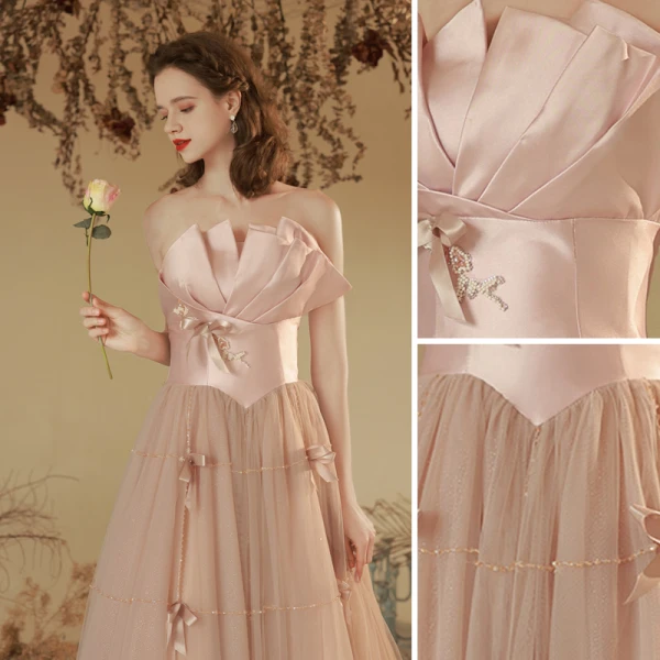 Charmant Rougissant Rose Perlage Robe De Soirée 2023 Princesse Bustier Noeud Sans Manches Dos Nu Longue Soirée Robe De Ceremonie