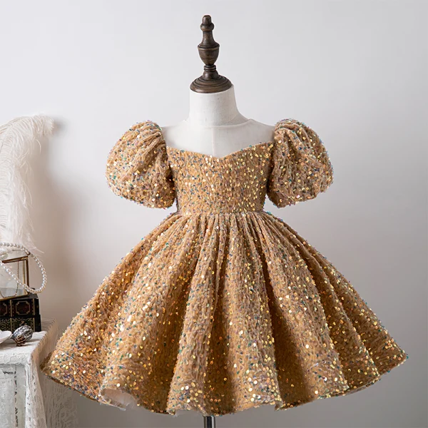 Sparkly Pool Blue Sequins Prom Flower Girl Dresses 2022 Ball Gown Scoop Neck Short Sleeve Short Flower Girl Dresses