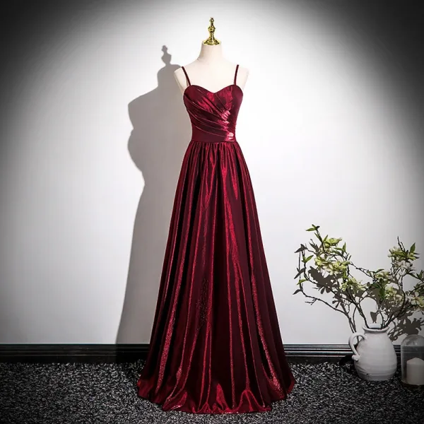 Vintage / Retro Burgundy Evening Dresses 2026 A-Line / Princess Spaghetti  Straps Sleeveless Backless Floor-Length / Long Formal Dresses