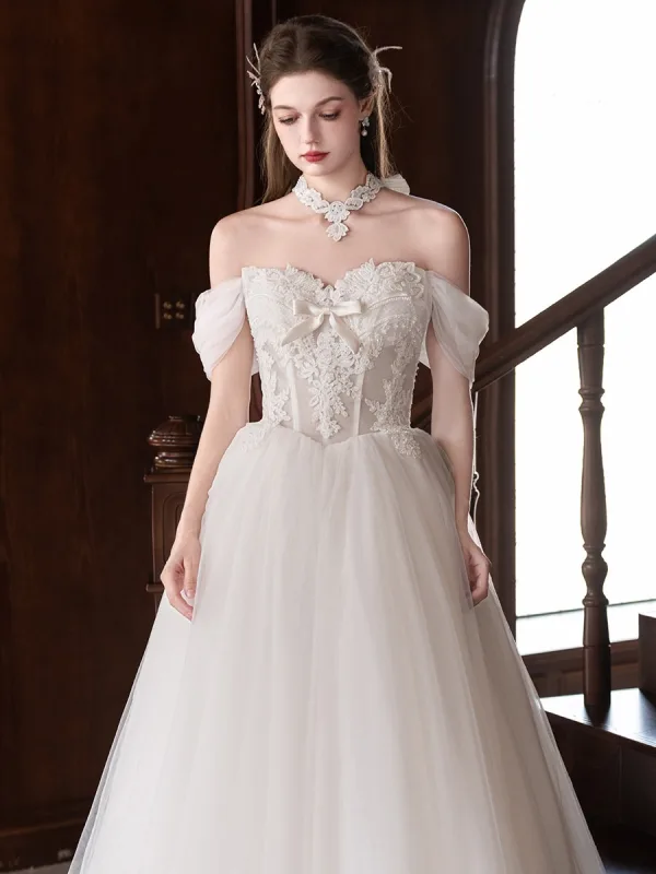Elegant White Lace Flower Wedding Dresses 2026 A-Line / Princess Off-The-Shoulder Bow Sleeveless Backless Floor-Length / Long