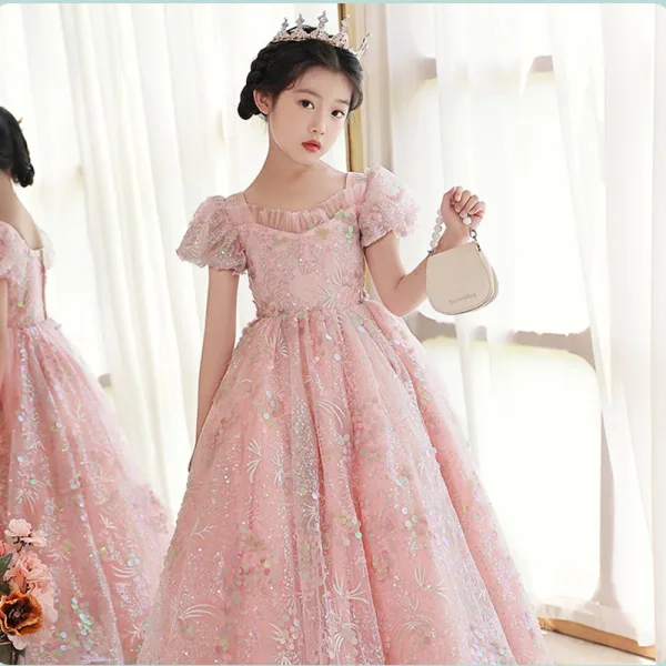 Chic / Belle Rougissant Rose Anniversaire En Dentelle Paillettes Robe Ceremonie Fille 2022 Princesse Encolure Carrée Gonflée Manches Courtes Dos Nu Longue Robe Ceremonie Fille