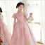 Chic / Belle Rougissant Rose Anniversaire En Dentelle Paillettes Robe Ceremonie Fille 2022 Princesse Encolure Carrée Gonflée Manches Courtes Dos Nu Longue Robe Ceremonie Fille