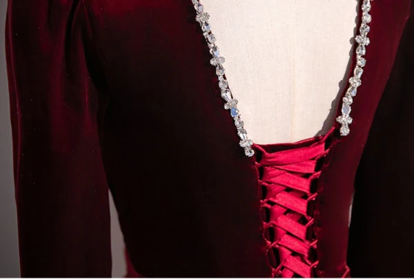 Vintage / Retro Burgundy Beading Velvet Evening Dresses 2024 Trumpet / Mermaid V-Neck Long Sleeve Backless Floor-Length / Long Evening Party Formal Dresses