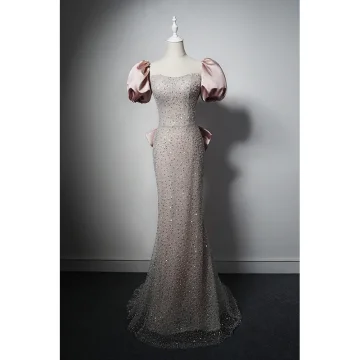 Charmant Rougissant Rose Perlage Perle Paillettes Robe De Soirée 2022 Trompette Sirène Encolure Carrée Gonflée Manches Courtes Dos Nu Noeud Longue Soirée Robe De Ceremonie