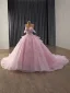 Luxe Rougissant Rose Fait main Perlage Perle Paillettes Appliques Robe De Mariée 2025 Robe Boule De l'épaule Manches Courtes Dos Nu Chapel Train Mariage