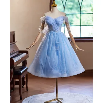 Chic Belle Bleu Ciel Glitter Perle Appliques Robe De Graduation 2024 Robe Boule De L Épaule Manches Courtes Dos Nu Thé Longueur Douce 16 De Retour
