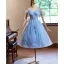 Chic / Beautiful Sky Blue Glitter Pearl Appliques Graduation Dresses 2024 Ball Gown Off-The-Shoulder Short Sleeve Backless Tea-length Sweet 16 Homecoming