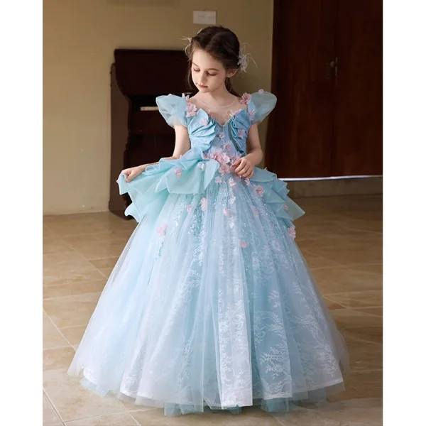 Flower Fairy Sky Blue Appliques Pearl Sequins Birthday Flower Girl Dresses 2025 Ball Gown Scoop Neck Cap Sleeves Backless Floor-Length / Long
