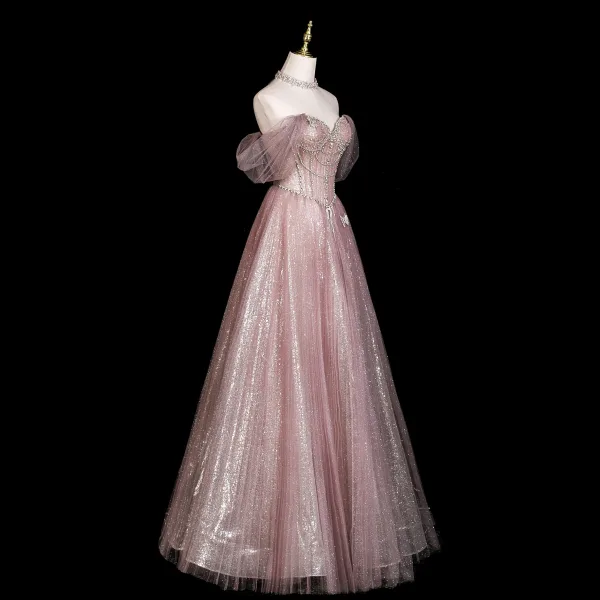 Charmant Bling Bling Rougissant Rose Perlage Faux Diamant Paillettes Robe De Bal 2025 Princesse De l'épaule Manches Courtes Dos Nu Longue Promo Robe De Ceremonie