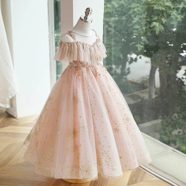 Bling Bling Blushing Pink Beading Star Sequins Birthday Flower Girl Dresses 2023 Ball Gown Scoop Neck Short Sleeve Backless Floor-Length / Long Flower Girl Dresses