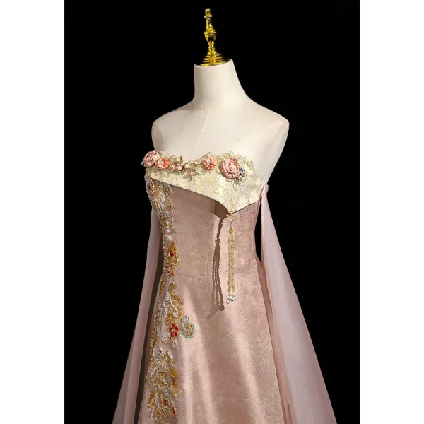 Style Chinois Rougissant Rose Perlage Paillettes En Dentelle Fleur Appliques Fendue devant Robe De Bal 2025 Princesse Bustier Sans Manches Dos Nu Train De Balayage Promo