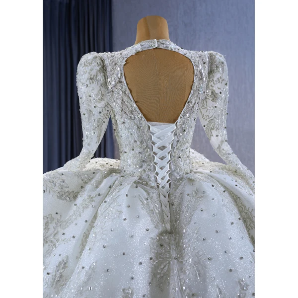 Luxury / Gorgeous Sparkly White Handmade  Beading Pearl Rhinestone Sequins Cascading Ruffles Wedding Dresses 2023 Ball Gown Scoop Neck Long Sleeve Backless
