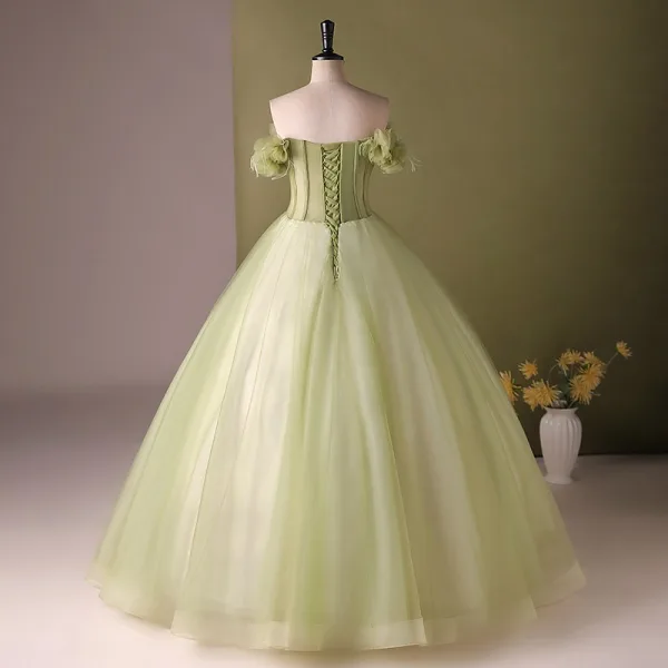 Elegant Sage Green Appliques Prom Dresses 2024 Ball Gown Strapless Sleeveless Backless Floor-Length / Long Prom Formal Dresses