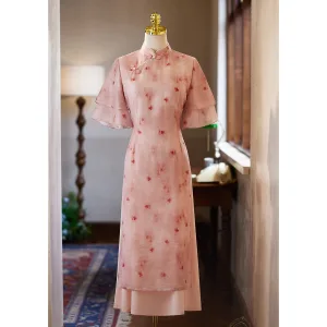 Style Chinois Rougissant Rose Impression Soirée Cheongsam 2025 Trompette Sirène Col Haut Manches Courtes Longue