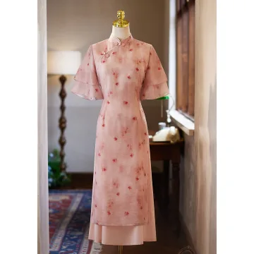 Kinesisk Stil Rodnande Rosa Utskrift Afton Cheongsam 2025 Trumpet Sjöjungfru Hög Hals Korta Ärm Långa