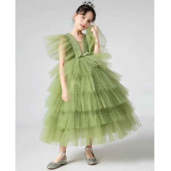 Chic / Belle Vert Cendré Volants en Cascade Anniversaire Robe Ceremonie Fille 2022 Princesse V-Cou Manches Courtes Dos Nu Longue Robe Ceremonie Fille