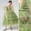 Chic / Belle Vert Cendré Volants en Cascade Anniversaire Robe Ceremonie Fille 2022 Princesse V-Cou Manches Courtes Dos Nu Longue Robe Ceremonie Fille