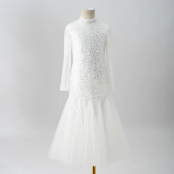 Demure White Birthday Pearl Sequins Flower Girl Dresses 2025 Trumpet Mermaid High Neck Long Sleeve Backless Bow Tea Length Flower Girl Dresses