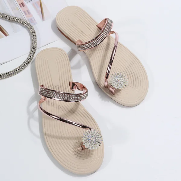 Fashion Gold Summer Beach Rhinestone Womens Sandals 2022 Open / Peep Toe Flat Sandals