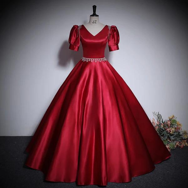 Vintage / Retro Black Rhinestone Satin Prom Dresses 2024 Ball Gown V-Neck Short Sleeve Backless Floor-Length / Long Prom Formal Dresses