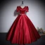 Vintage / Retro Black Rhinestone Satin Prom Dresses 2024 Ball Gown V-Neck Short Sleeve Backless Floor-Length / Long Prom Formal Dresses