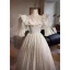 Medieval Vintage / Retro White Satin Lace Flower Wedding Dresses 2024 Ball Gown Scoop Neck Puffy Short Sleeve Backless Floor-Length / Long Wedding