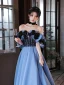 Mode Bleu Robe De Bal 2022 Princesse Volants De l'épaule Manches Courtes Dos Nu Noeud Longue Promo Robe De Ceremonie