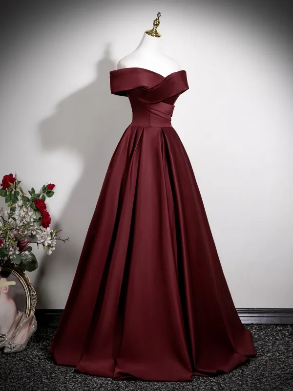 Modest / Simple Vintage / Retro Burgundy Satin Prom Dresses 2025 Ball Gown Off-The-Shoulder Short Sleeve Backless Floor-Length / Long Formal Dresses