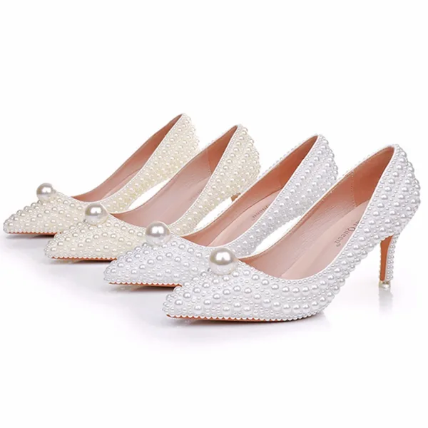 Classic White Pearl 7 cm Stiletto Heels Wedding Shoes 2025 Pointed Toe Wedding Pumps High Heels