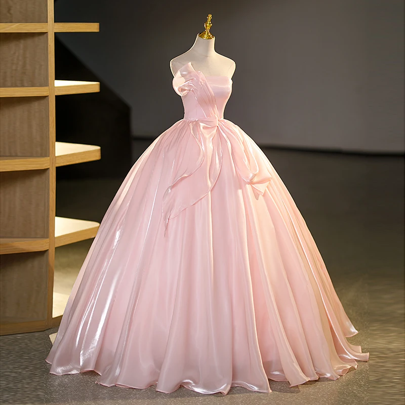 strapless open back dress Candy Pink Off-Shoulder A-line Tulle Long Prom Dress with Appliques –  FancyVestido main image 1