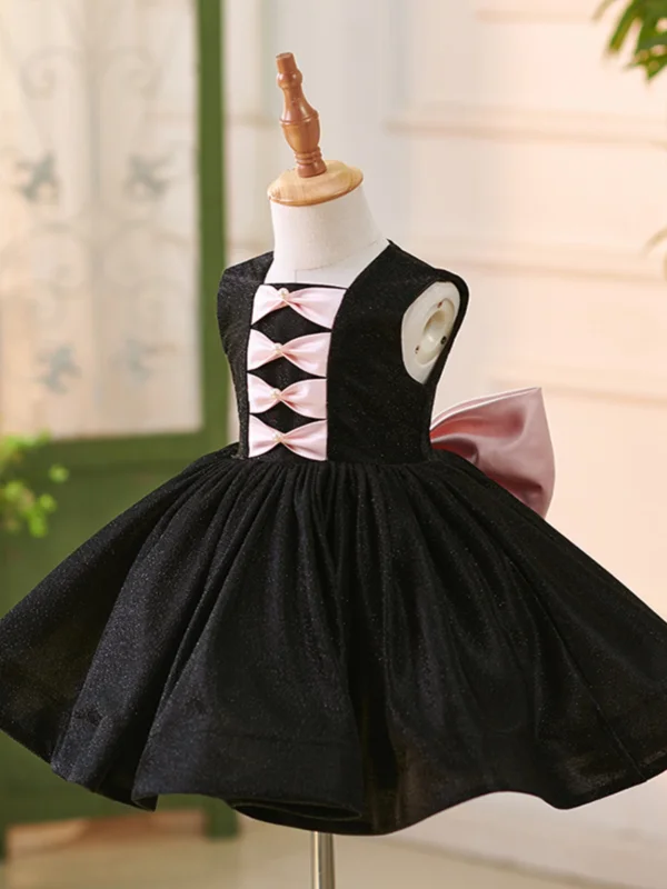 Audrey Hepburn Style Black Short Birthday Flower Girl Dresses 2024 Ball Gown Scoop Neck Bow Sleeveless