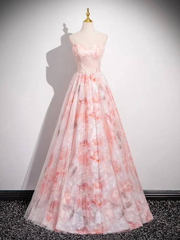 Chic / Beautiful Blushing Pink Printing Prom Dresses 2025 A-Line / Princess Strapless Short Sleeve Backless Floor-Length / Long Prom Formal Dresses