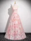 Chic / Beautiful Blushing Pink Printing Prom Dresses 2025 A-Line / Princess Strapless Short Sleeve Backless Floor-Length / Long Prom Formal Dresses