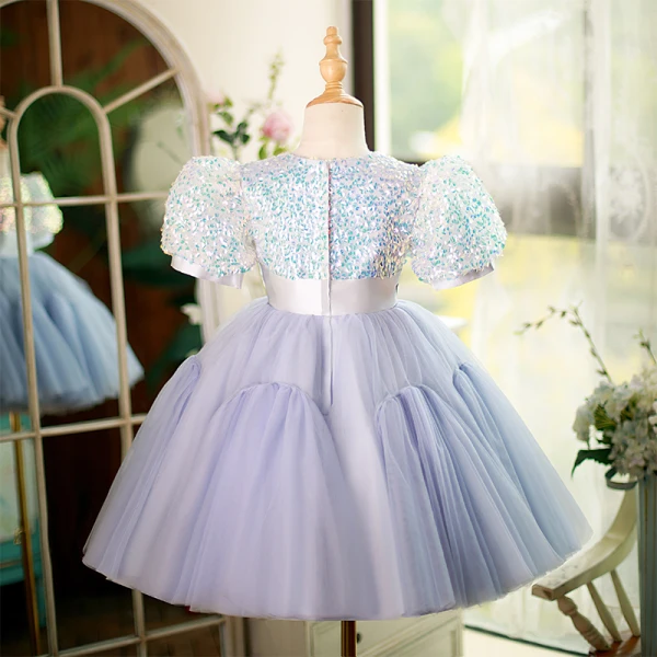 Bling Bling Lavande Paillettes Courte Anniversaire Robe Ceremonie Fille 2023 Robe Boule Encolure Dégagée Gonflée Manches Courtes