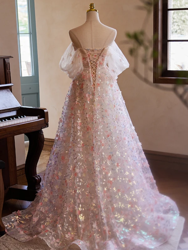 High-end Flower Fairy Blushing Pink Pearl Appliques Sequins Prom Dresses 2024 A-Line / Princess Off-The-Shoulder Short Sleeve Backless Sweep Train Prom Formal Dresses