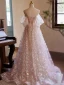 High-end Flower Fairy Blushing Pink Pearl Appliques Sequins Prom Dresses 2024 A-Line / Princess Off-The-Shoulder Short Sleeve Backless Sweep Train Prom Formal Dresses