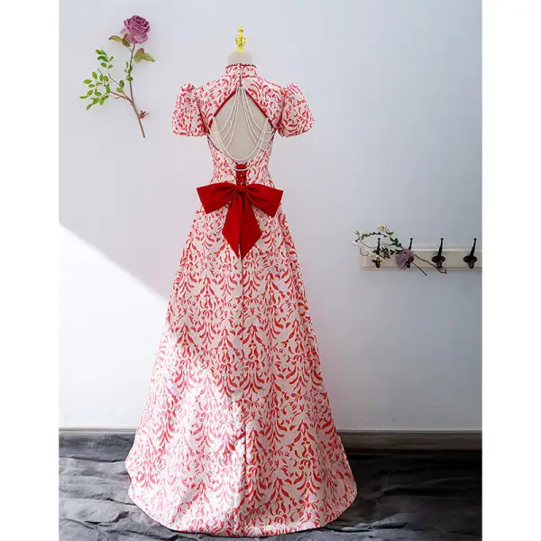 Vintage / Retro Red Floral Pearl Evening Dresses 2022 A-Line / Princess High Neck Short Sleeve Backless Bow Floor-Length / Long Evening Party Formal Dresses