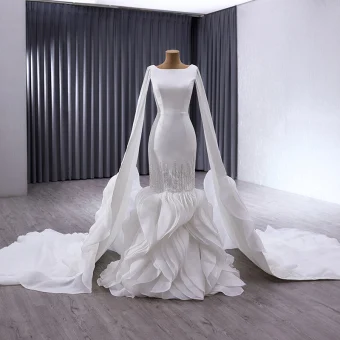 High End White Sequins Satin Cascading Ruffles Wedding Dresses 2024 Trumpet Mermaid Scoop Neck Sleeveless Backless Court Train Wedding